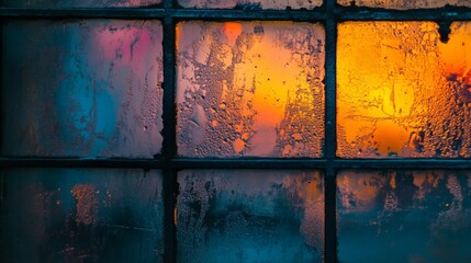 Foggy windowpane with colorful sunset reflections