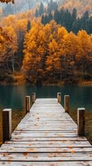 Autumn landscape with wooden pier on tranquil lake, foliage view. Serenity and nature concept