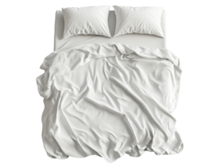 Top view of a bed with pillows and white duvet on transparent background.