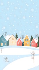 A simple vector illustration of an animated Christmas winter town with houses, snowflakes falling from the sky, and a snowy landscape