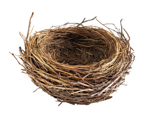 Round bird nest made of twigs on transparent background.