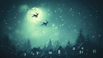 Naklejka premium A mystical night sky with flying reindeer above a snowy village under a glowing moon, creating a magical winter scene.