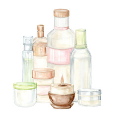 Makeup jars and candle. Watercolor Clip Art on a white background. The illustration is hand drawn in pastel colors. Suitable for card designs, textiles and scrapbooking.
