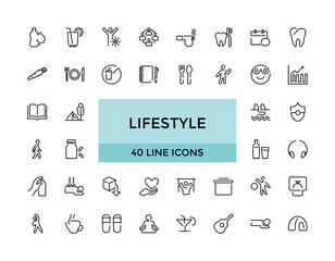 Lifestyle line icons set. Healthy lifestyle symbols. Happiness, diet, exercise, game, fitness, music, sleep, relationships and more, Editable Thin icon vector collections.