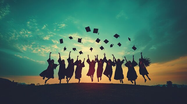 Graduation day celebration with group of students tossing caps in the air