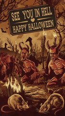 Obraz premium Halloween in hell, vintage cinema 1920's style , devils, rats and text See you in hell - Happy Halloween