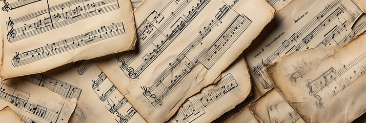 Pile of vintage worn sheet music rustic antique composition nostalgic classical musical opera song notes aged yellowed paper texture retro artistic aesthetic creative design historical old-fashioned 