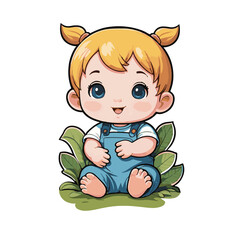 Cute little baby in overalls sitting in bushes, cartoon character on white background