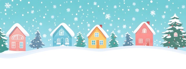 A simple vector illustration of an animated Christmas winter town with houses, snowflakes falling from the sky, and a snowy landscape