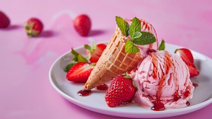 Close up of wafer cones with strawberry ice cream with syrup mint and fresh strawberries served on white plate on pink and purple background