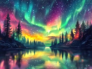 Obraz premium A vibrant night sky filled with auroras reflects on a serene lake, surrounded by silhouettes of evergreen trees.