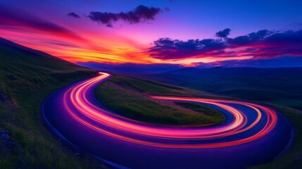 Winding mountain road at sunset with light trails, scenic view. Adventure and travel concept
