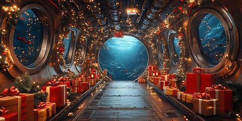 Fototapeta premium A Christmas submarine adorned with lights and presents, offering a magical underwater view.