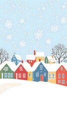 A simple vector illustration of an animated Christmas winter town with houses, snowflakes falling from the sky, and a snowy landscape