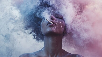 Fototapeta premium Woman with cigarette surrounded by colorful smoke, artistic portrait. Creativity and surrealism concept