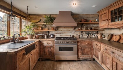 Rustic kitchen with reclaimed wood cabinetry and vintage-style appliances