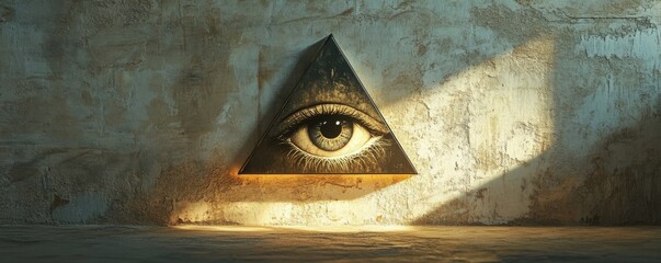 Triangular eye artwork on textured wall, mystical and surreal concept