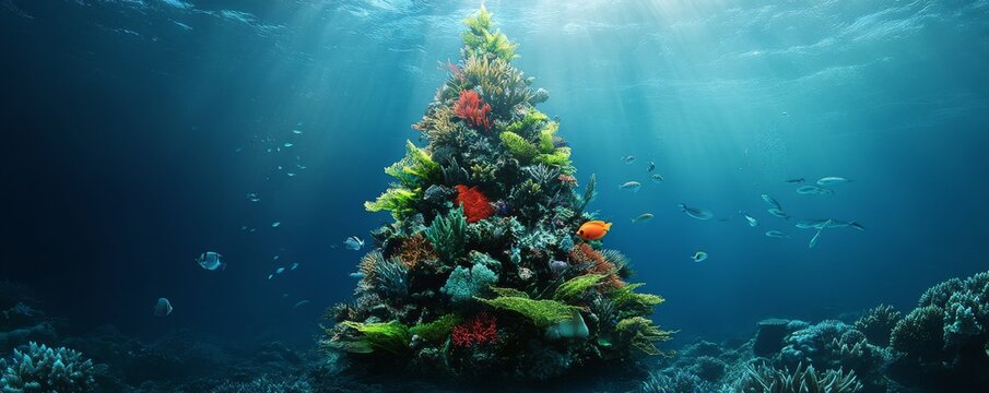 underwater christmas tree made of coral and fish in ocean depths