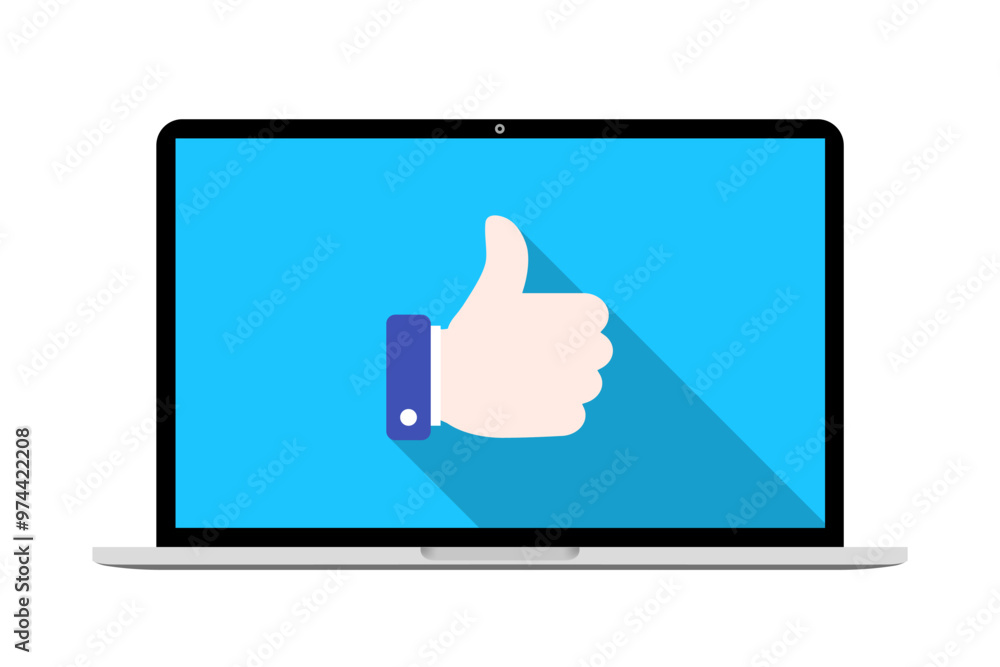 Poster laptop computer with hand like icon in flat design. notebook with thumb up concept