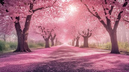 Beautiful Park Filled with Cherry Blossom Trees in Full Bloom Creating a Pink Canopy