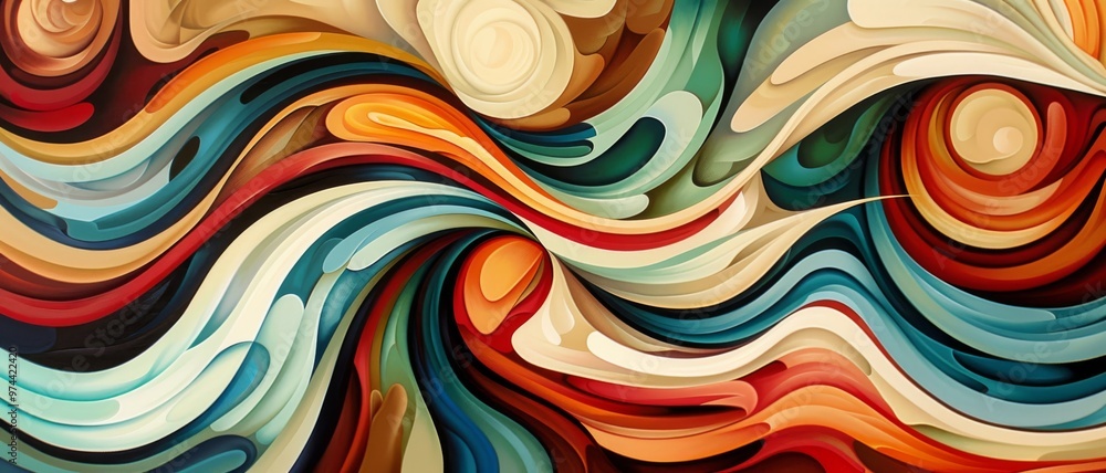 Poster a vibrant abstract artwork featuring dynamic swirls of colors, creating a sense of movement and dept