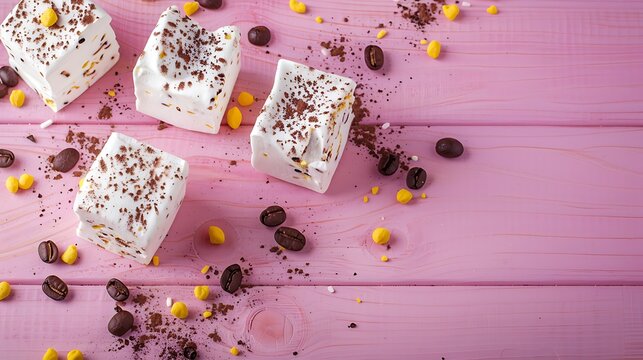 Coffee marshmallow on a pink wooden background with yellow bokke and coffee beans light dessert for the holiday
