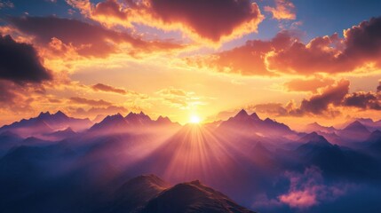 Mountain Landscape at Sunrise with the Sun Peeking Over the Peaks and Colorful Skies