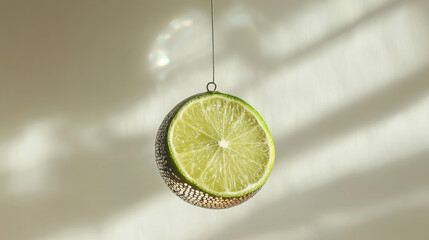 Hanging lime slice disco ball casting shadows, minimalistic aesthetic