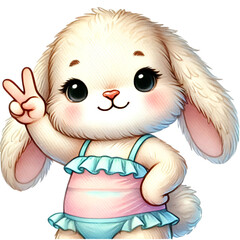 A rabbit wearing a pastel colored swimsuit, smiling widely, holding up two fingers.