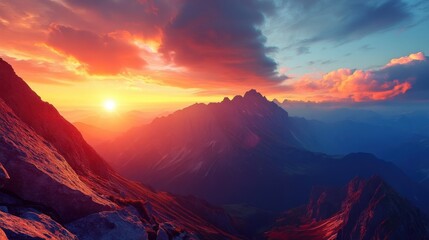 Mountain Landscape at Sunrise with the Sun Peeking Over the Peaks and Colorful Skies