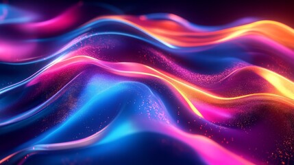 A striking abstract design filled with neon brilliance and curved waves, set against a cosmic and otherworldly background.