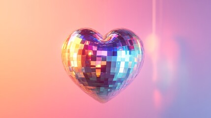 Heart shaped disco ball with colorful reflections, vibrant 3d rendering. Retro party and love concept