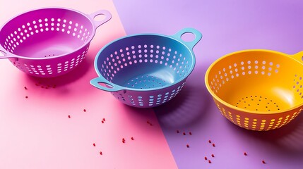 Colorful plastic colanders with handles on pink and purple background