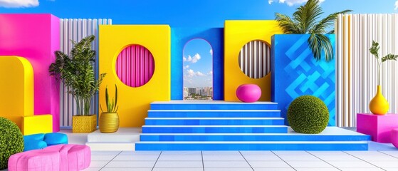 Colorful Geometric Architectural Background with Plants and Steps