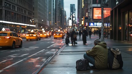 Fototapeta premium Busy City Street with a Homeless Individual Sitting