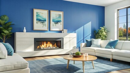 Two white sofas near fireplace against white wall with wooden cabinet and art poster. Scandinavian minimalist style home interior design of modern living room.
