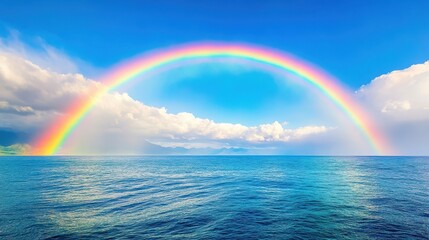 Stunning Panoramic View of a Lush Landscape with a Vibrant Rainbow Arching Overhead, Ideal for Nature and Travel Themes