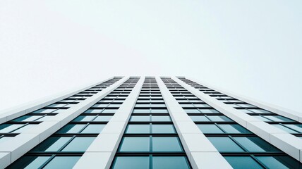 A low angle shot of modern building showcases its sharp, clean lines and large glass windows, creating striking architectural perspective. minimalist design emphasizes height and elegance of structure