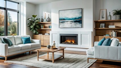 Two white sofas near fireplace against white wall with wooden cabinet and art poster. Scandinavian minimalist style home interior design of modern living room.
