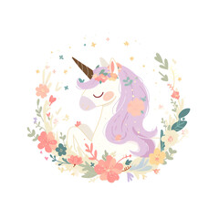 Cute unicorn with lilac mane among wreath of flowers