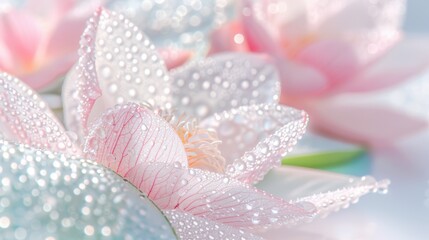 Fototapeta premium Simple white background filled with water drops, lotus flowers and lotus leaves.
