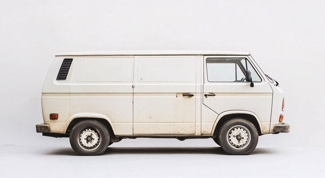 A side view of a vintage white delivery van against a neutral background showcasing its classic design