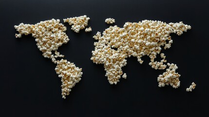 World map made of popcorn on a black background