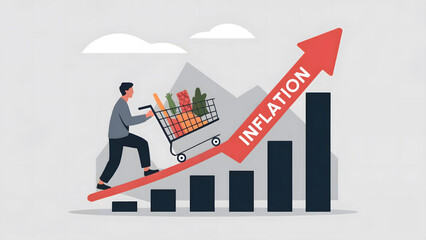 Conceptual Illustration of Inflation: A Man Pushing a Grocery Cart Uphill Along a Rising Inflation Arrow