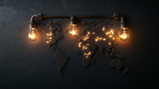 Fototapeta World map light installation on dark wall, illuminated continents. Artistic decoration and innovative lighting concept