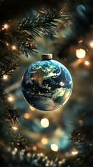 Christmas tree ornament shaped like planet earth hanging on branch, festive decoration concept