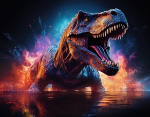 Generated image of a Tyrannosaurus Rex dinosaur standing in water with colorful explosion of colors surrounding it.  