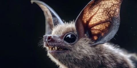 Fototapeta premium Ultra-close macro shot of a bat's head with fine details of the ears and facial fur in soft lighting