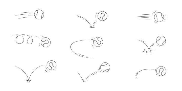 Doodle sport tennis ball trajectory bounce collection. Line hand drawn balls set