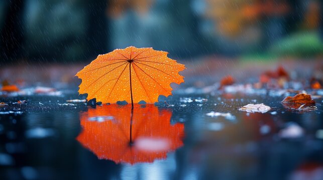 Orange umbrella in rainy autumn day on wet pavement with reflection, atmospheric mood